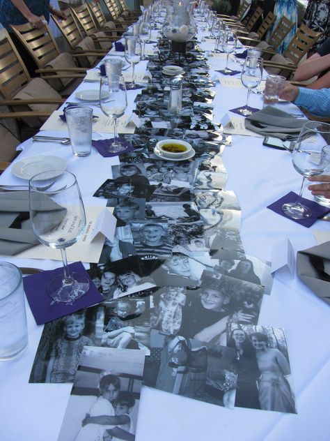 Photo runner Using Photos To Decorate A Party, Photos On Table Decor, Photo Runner Table, 40 Anniversary Party Ideas Decoration, Memory Table Runner, Picture Table Runner, Photo Runner, Photo Table Runner, Family Reunion Photos