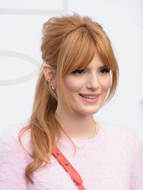 Bangs Ponytail, Blonde Hair Makeup, Layered Hair With Bangs, Strawberry Blonde Hair Color, Strawberry Blonde Hair, Long Red Hair, Penteado Cabelo Curto, Zooey Deschanel, Bella Thorne