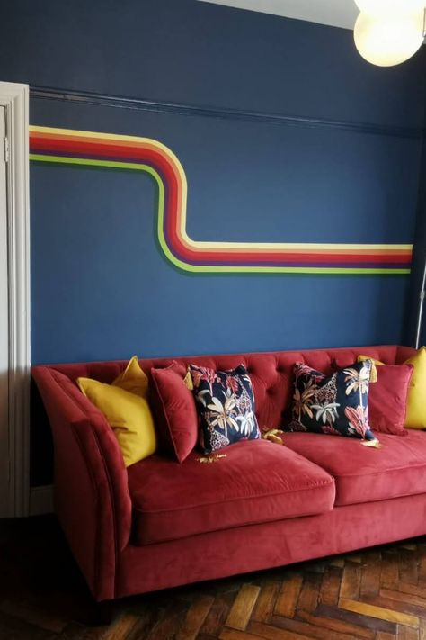 Funky Hallway Paint Ideas, Retro Feature Wall, 70s Feature Wall, 70s Wall Stripes Paint Ideas, Wall Painting Ideas Bedroom Boys, Wall Painting Patterns Ideas, Retro Wall Painting Ideas, Retro Painted Wall, 70s Stripe Wall