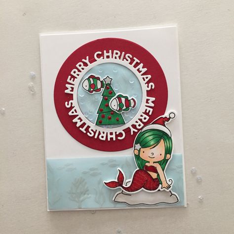 Kid's Christmas card. All MFT Stamps: Mermazing, Jingle All the Way Santa hats and tree, and Merry Christmas Circle Frame stamps and dies. Mft Stamps Christmas, Mft Gnome For The Holidays, Mft Merry And Bright, Mft Jingle All The Way Cards, Hero Arts Layering Snow Globe Die, Mft Stamps Cards, Christmas Circle, Circle Frame, Santa Hats