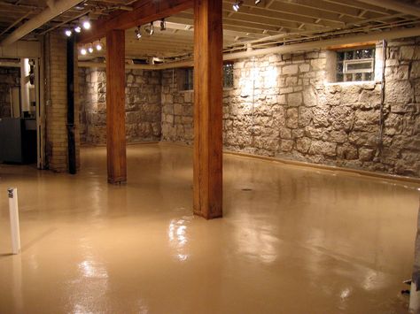 38 Brilliantly Furnished Basements Basement Concrete Floor Paint, Painted Cement Floors, Unfinished Basement Walls, Cheap Basement Remodel, Painting Basement Floors, Concrete Basement Floors, Basement Flooring Options, Basement Painting, Floor Paint Colors