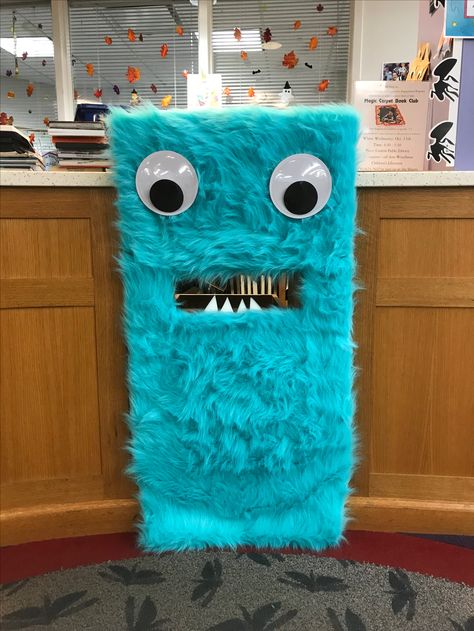 we could just put up a "monster box" so if kids wanted to feed the monster they could Book Drop Decoration, Library Book Drop Ideas, Book Return Box Ideas, Fall Library Window Display, Library Return Box Ideas, Library Book Drop Decoration, Library Book Return, Book Return Ideas Library, Book Drop Ideas Library