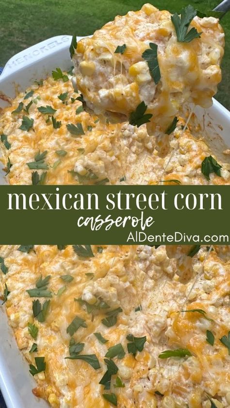 Hot Corn Recipes Side Dishes, Mexican Cheese Corn, Elote Corn Casserole, Latin Side Dishes, Side Dishes With Tacos, Recipes With Canned Corn, Mexican Cream Corn, Mexican Side Dishes For Parties, Baked Street Corn