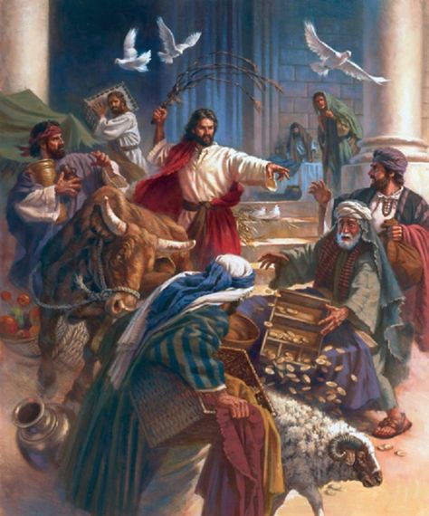 John 2:14-15  "In the temple he found those who were selling oxen and sheep and pigeons, and the money-changers sitting there. And making a whip of cords, he drove them all out of the temple, with the sheep and oxen. And he poured out the coins of the money-changers and overturned their tables." Jesus Cleanses The Temple, Psalm 133, Tb Joshua, Jesus In The Temple, Image Of Jesus, Religious Pictures, Bible Images, Bible Pictures, Jesus Lives