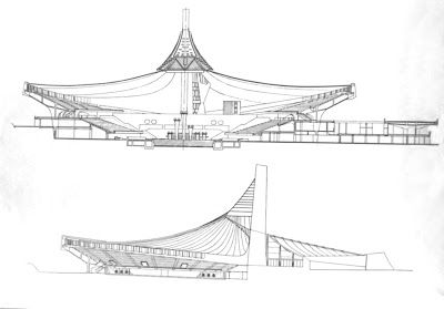 MY ARCHITECTURAL MOLESKINE®: KENZO TANGE: YOYOGI NATIONAL GYMNASIUM, TOKYO Kenzo Tange Architecture, Kenzo Tange, Stadium Architecture, Traditional Japanese Architecture, Tensile Structures, Sporting Club, Modernist Architects, Modern Photographers, Japanese Architect