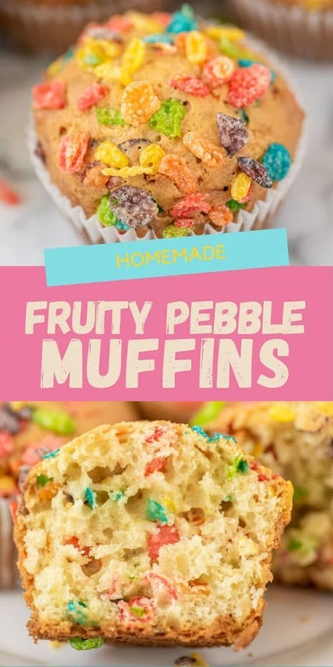 Fruity Pebble Muffins, Fruity Pebble Recipes, Fruity Pebbles Recipes, Funky Cakes, Basic Muffin, Basic Muffin Recipe, Fruity Pebbles Cereal, Pebbles Cereal, Fruity Pebble