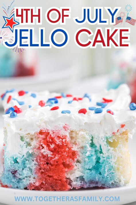 One image with text at the top. Hello Poke Cake, Poke Cake Recipes Jello, Patriotic Jello, 4th Of July Jello, Jello With Cool Whip, Jello Cake Recipes, Jello Poke Cake, Easter Appetizers Easy, Poke Cake Jello