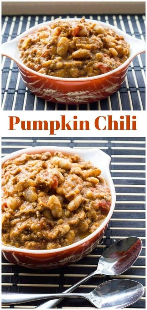 White Bean Pumpkin Chili - a hint of cinnamon makes this chili spectacular! Pumpkin chili is something you need to add to your dinner rotation! Pumpkin Turkey Chili, Cheap Paleo Meals, Cheap Vegetarian Meals, Chicken Broth Recipes, Pumpkin Turkey, Bean Recipe, Dinner Rotation, Pumpkin Recipes Easy, Pumpkin Chili