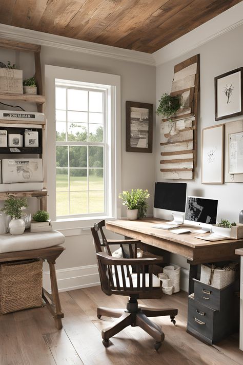 Adding a touch of rustic charm to your workspace! Using a variety of woods, textures and earthy tones to create a fresh, farmhouse-style office decor. Say hello to your invigorating work sanctuary! 🌳🖥️🚜 #FarmhouseOffice #OfficeDecor Farmhouse Study Office, Home Office Country Style, Small Farmhouse Office Ideas, Country Chic Office, Earthy Office Decor, Farmhouse Office Decor Work Spaces, Country Office Ideas, Rustic Farmhouse Office, Farmhouse Office Ideas