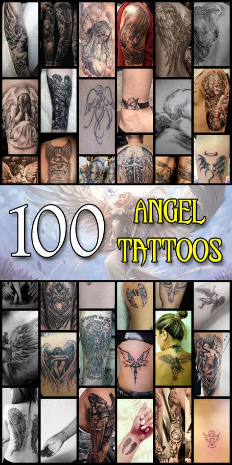 100 Angel Tattoo Ideas for Men and Women - The Body is a Canvas #angeltattoos #tattooideas Gaurdian Angel Tattoo, Angel Tattoo Ideas, Angel Sleeve Tattoo, Angel Back Tattoo, Beautiful Angel Tattoos, Angel Tattoo For Women, Guardian Angel Tattoo Designs, Angle Tattoo, St Michael Tattoo