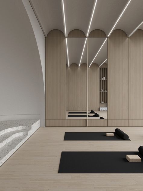 Yoga Interior Design, French House Interior, Aesthetic Home Gym, Meditation And Yoga Room, Yoga Room Design, Retreat Centre, Fitness Space, Spiritual Room, Luxury Gym