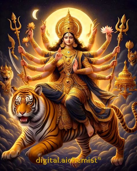 "🌙 Day 3 of Navratri honors the fierce yet compassionate Maa Chandraghanta, riding her tiger and radiating valor. With a crescent moon on her forehead and weapons in her hands, she symbolizes strength, courage, and the power to overcome evil. Let her divine blessings bring peace and protection to all. 🙏✨ . . . . . . follow @digital.aichemist . . . . . . . . #MaaChandraghanta #NavratriDay3 #DivineFeminine #StrengthAndGrace #TigerPower #Navratri2024 #GoddessEnergy #GoddessDurga #DurgaPuja #MaaD... Tiger Power Animal, Tiger Fantasy Mythical Creatures, Mystical Tiger, Magical Tiger Fantasy Art, Tiger In A Tropical Storm, Durga Puja, Goddess Energy, Durga Goddess, Divine Feminine