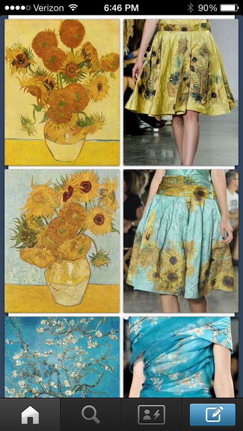 Van Gogh Clothes, Impressionism Fashion, Van Gogh Dress, Art Teacher Outfits, Form Inspiration, Painterly Prints, Istoria Artei, Sunflower Dress, The Governor