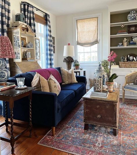 Eclectic Home Tour - Our 1842 Home - Kelly Elko Navy Sofa Living Room, Navy Couch, Blue Sofa Living, Blue Sofas Living Room, Small Sectional Sofa, Long Living Room, Velvet Couch, Eclectic Living Room, Blue Sofa