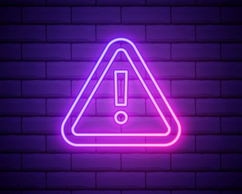 Caution neon sign on brick wall. Glowing exclamation mark icon. Warning symbol. Attention button. Realistic night signboard. Night bright advertising. Vector illustration Warning Symbol, Creative Instagram Names, Mark Icon, Exclamation Mark, Mobile Web Design, Simple Icon, Neon Wallpaper, Brick Wall, Neon Sign