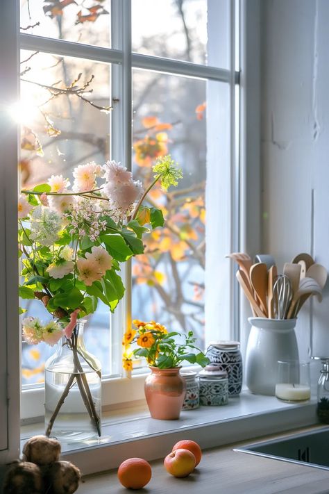 15 Easy Ideas for Kitchen Window Sills That Are Stylish Kitchen Window Sill Decor Ideas, Kitchen Window Decorating Ideas, Deep Windowsill Ideas, Kitchen Window Ledge Decor, Kitchen Sink Garden Window, Kitchen Window Styling, Window Seal Decor, Kitchen Window Decor Over Sink, Over Sink Decor