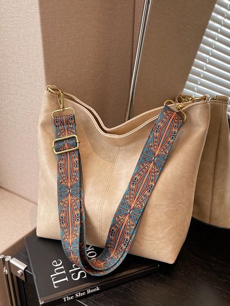 Beige Casual,Elegant,Vintage,Fashionable Collar  PU Leather Plain Hobo Bag Embellished   Women Bags Vintage Crossbody Bag, Beige Boho, Beige Bag, Vintage Shoulder Bag, Boho Vintage, Boho Bag, Black Crossbody, Woven Bag, Black Cross Body Bag