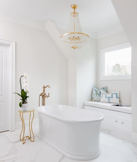 Chandelier Above Bathtub, Lighting Placement, Gold Pulls, Chic Chandelier, White Bathrooms, Luxurious Bathtubs, Bathroom Chandelier, 8 Light Chandelier, Bathroom Transformation