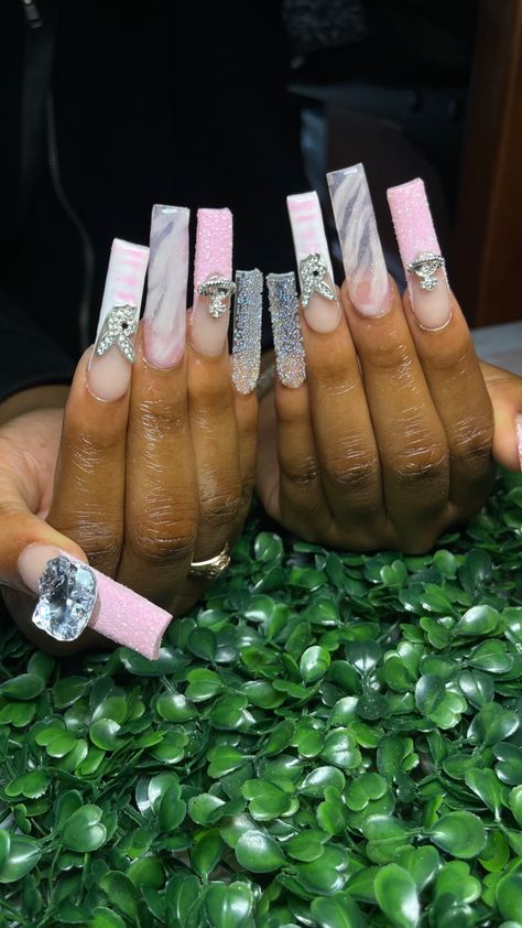 Nails With Pixie Crystals, Pixie Crystal Nails, Crystal Nail Designs, Pixie Nails, Nail Designs French, Xl Nails, Fye Nails, Girly Acrylic, Girly Acrylic Nails