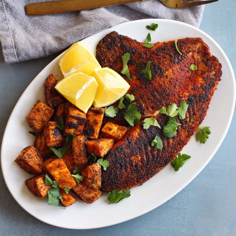 Louisiana Rub Tilapia with Roasted Sweet Potatoes Louisiana Rub, Sweet Potato Bowls, Spice Bowls, Gluten Free Potatoes, Grain Foods, Peeling Potatoes, Food Facts, Roasted Sweet Potatoes, Fish Dishes