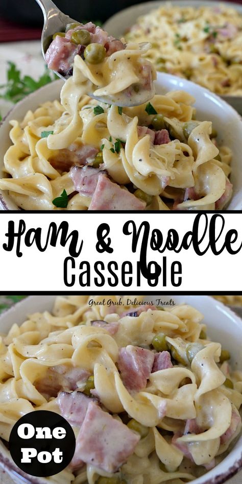 One Pot Ham and Noodle Casserole is a quick and easy dinner recipe using leftover ham, pasta, cheese and a homemade creamy sauce. #deliciousfoodrecipe #hamrecipes #leftoverham #comfortfood #greatgrubdelicioustreats Leftover Ham Recipes Casseroles, Leftover Ham Casserole, Ham And Noodle Casserole, Ham Casserole Recipes, Ham Dishes, Ham Pasta, Pasta Cheese, Ham Dinner, Noodle Casserole Recipes