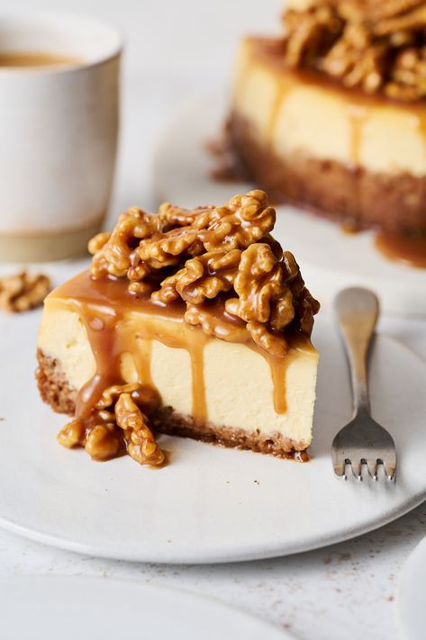 Maple Walnut Cheesecake - Baker by Nature Maple Walnut Cheesecake Recipe, Walnut Crust Cheesecake, Maple Walnut Desserts, Apple Walnut Cheesecake, Maple Walnut Cheesecake, Maple Bourbon Cheesecake, Maple Pecan Cheesecake, Maple Cheesecake Recipe, Walnut Cheesecake