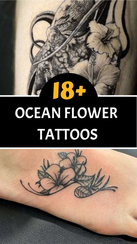 Ocean Wrist Tattoos For Women, Waves And Flowers Tattoo, Small Ocean Tattoos For Women, Land And Sea Tattoo, Ocean Tattoos For Women, Ocean Tattoos Sleeve For Women, Ocean Flower Tattoo, Punchy Western Tattoos, Ocean Theme Tattoos