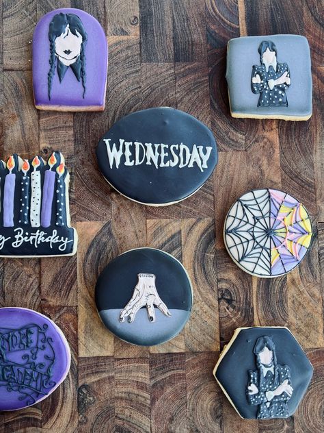 Wednesday Addams Decorated Cookies, Wednesday Theme Cookies, Wednesday Cookies Decorated, Wednesday Cookies, Wednesday Addams Cookies, Wednesday Addams Birthday Party, Addams Family Theme Party, Addams Family Theme, Flower Sugar Cookies