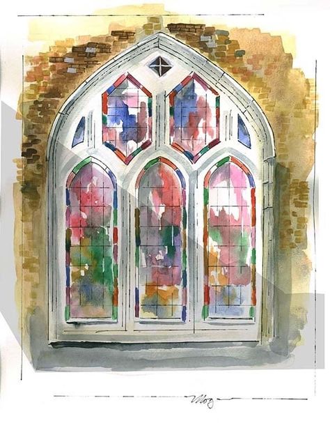 Watercolor Doors And Windows, Stained Glass Watercolor, Church Artwork, Glass Watercolor, Building Drawing, Watercolor Architecture, Glass Window Art, Stained Glass Paint, Watercolor Projects