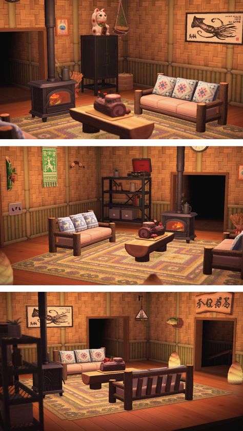 Animal crossing home decoration ideas. Bamboo, extra-long sofa and fireplace, cozy vibes 🌞 Animal Crossing Home Ideas, Fireplace Cozy, Log Chairs, Sofa Chairs, Chair Decor, Long Sofa, Log Furniture, Home Decoration Ideas, Chair Decorations