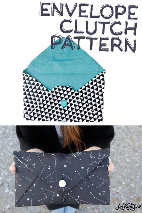 It’s clutch-a-long time! I’m so excited to share this free pattern and to see all of your creativity with it! Before you start, feel free to do something awesome to your fabric first, print it, stamp it, dye it, pleat it, stitch it to make it your OWN! Or choose a killer fabric combo and button! || See Kate Sew #clutch #diyclutch #diyfashion #seekatesew Envelope Clutch Pattern, Sew Clutch, Clutch Purse Pattern, Hand Bags Ideas, Clutch Sewing, Clutch Bag Pattern, Purse Patterns Free, Envelope Pattern, Clutch Pattern