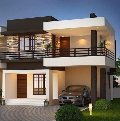 Stairs Skirting, Modern Bungalow House Design, Two Story House Design, 2 Storey House Design, House Balcony Design, Two Story House, Contemporary House Exterior, Modern Small House Design, Small House Design Exterior