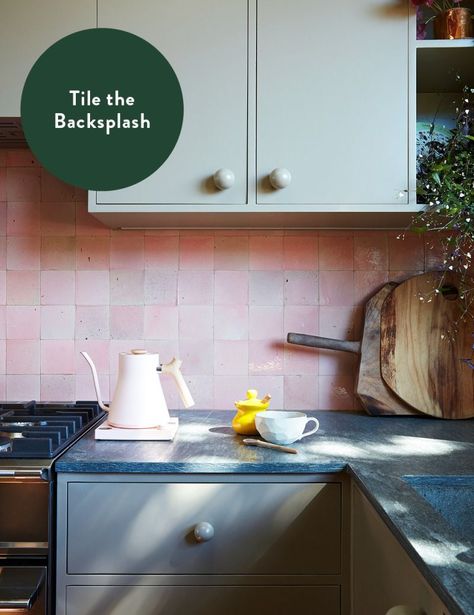 pink tile backsplash in blue and green kitchen Pink Backsplash, Plain English Kitchen, Grey Cupboards, Light Grey Kitchen Cabinets, Light Grey Kitchens, Light Gray Cabinets, Best Kitchen Cabinets, San Francisco Houses, Kitchen Cabinet Styles