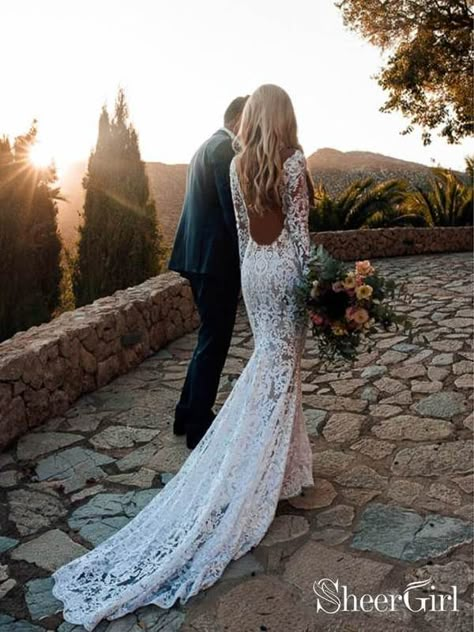 See Through Lace Rustic Wedding Dresses Long Sleeve Mermaid Wedding Dress AWD1165-SheerGirl Lace Wedding Dress V Neck, Wedding Dress Mermaid Lace, Wedding Dress Tea Length, Wedding Dress V Neck, Backless Mermaid Wedding Dresses, Beach Wedding Dresses Backless, Long Sleeve Lace Wedding Dress, Long Sleeve Mermaid Wedding Dress, Sleeve Lace Wedding Dress