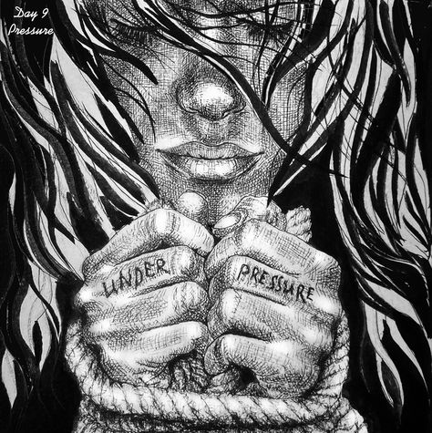 Graphic art woman face with her hair down. Hands in front are tied with a rope, on the fingers the inscription "under pressure" Custom Tattoo Design, Pen Drawing, Down Hairstyles, Woman Face, Creating Art, Female Art, Her Hair, Graphic Art, Tattoo Designs