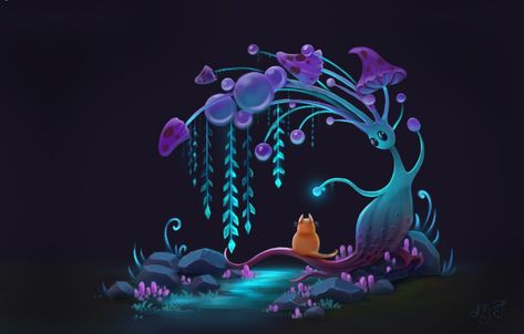 Wallpaper cat, night, fantasy, art, children's, Anna Kummer, Curious cat images for desktop, section фантастика - download Night Fantasy Art, Cat And Mushroom, Cat Night, Mushroom Wallpaper, Wallpaper Winter, Wallpaper Cat, Alien Concept Art, Curious Cat, Mushroom Art