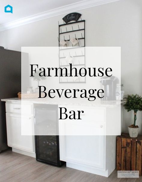 I've always wanted a beverage bar and when we moved to our rustic beach cottage I finally got my opportunity to build it.  There just so happened to be a bare wall across from the kitchen where I could move the fridge to create my DIY beverage bar. Diy Beverage Bar, Rustic Beach Cottage, Mini Fridge Bar, Buying A Manufactured Home, Repurposed Candle Holders, Industrial Farmhouse Lighting, Pallet Potting Bench, Moving Expenses, Old Washing Machine