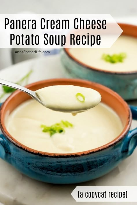 Potato Soup Cream Cheese, Cream Cheese Potato Soup, Cream Cheese Soup, Puree Soup Recipes, Cheese Potato Soup, Copycat Soup, Liquid Diet Recipes, Homemade Potato Soup, Cream Cheese Potatoes