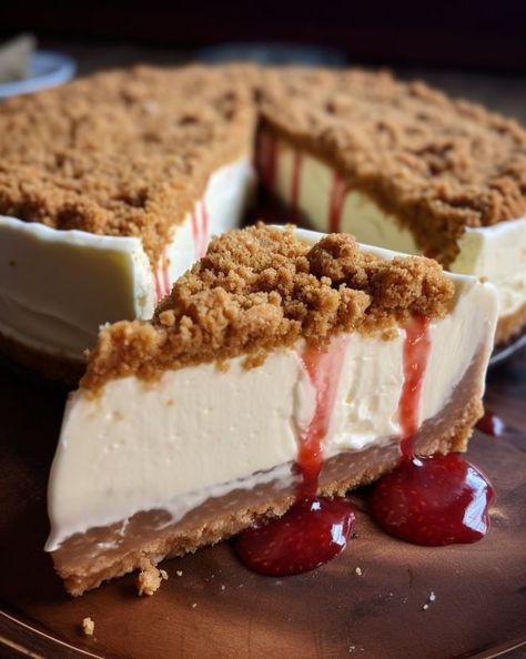 Double Crust Cheesecake, Cheesecake Ingredients, Fruit Toppings, Strawberry Sauce, Creamy Cheesecake, Cream Cheese Filling, Graham Cracker Crumbs, Cake Flour, Salted Butter