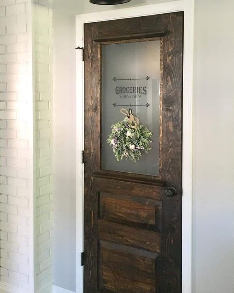 Antique Wood Pantry Door, Old Door For Pantry, Vintage Wood Pantry Door, Pantry Doors With Glass Panels Farmhouse, Pantry Door With Frosted Glass Panel, Antique Doors For Pantry, Pantry Door Sign Ideas, New Pantry Door, Rustic Pantry Doors