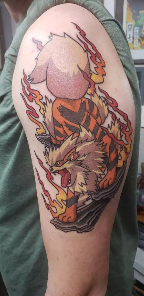 Arcanine Tattoo, Pokemon Tattoo Ideas, Dark Pokémon, Pokemon Tattoos, Revelation Tattoo, Pokemon Tattoo, Real Tattoo, Dallas Tx, Cool Tattoos