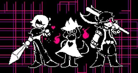 Pixel art of Deltarune. Mostly black with pink stripes all around, with the 3 members of the gang in there portrayed by white pixels Deltarune Background, Undertale Deltarune, Fox Games, 8bit Art, Toby Fox, Undertale Art, Undertale Fanart, Undertale Au, Indie Games