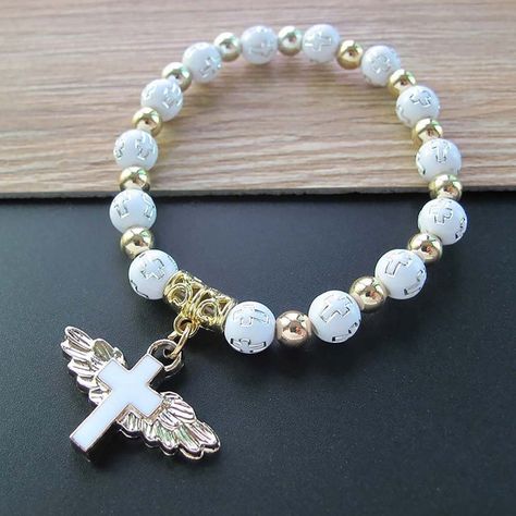 Angel Keychains, Catholic Bracelet, Rosary Jewelry, Packing Jewelry, Baptism Favors, Cross Bracelet, Glass Beaded Bracelets, Hand Jewelry, Religious Jewelry