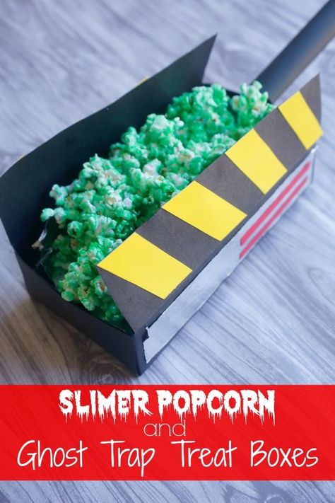 A Slimer Popcorn recipe and an easy tutorial for how to make Ghost Trap Treat Boxes – Jordan's Easy Entertaining #ad Ghostbuster Birthday, Ghostbuster Party, Ghost Busters Birthday Party, Ghostbusters Birthday, Ghostbusters Birthday Party, Ghostbusters Theme, Ghostbusters Party, Popcorn Recipe, Box Tutorial