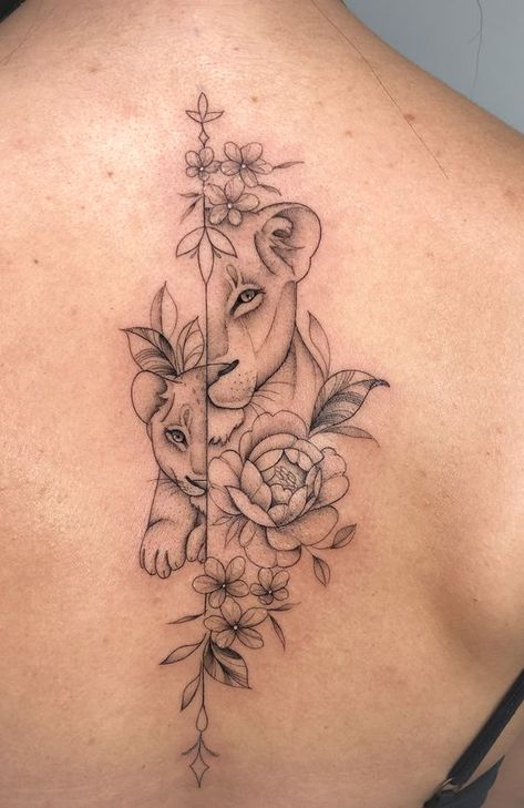 Backbone Tattoo, Baby Dragon Tattoos, Tattoo Bein Frau, Lioness And Cub Tattoo, Lion Hand Tattoo, Hogwarts Tattoo, Big Cat Tattoo, Symmetrical Tattoo, Pop Art Tattoos