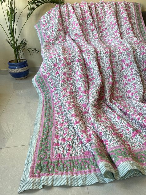 Organic Quilt, Bedspreads Comforters, Indian Quilt, Cotton Voile Fabric, Striped Quilt, Block Print Quilt, Reversible Blanket, Summer Quilts, Blanket Handmade