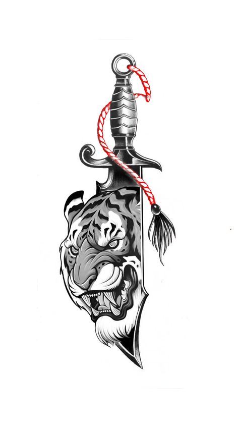 Knife tiger calfs tattoo design Japanese Background Tattoo Design, Knife Tattoo Design, Japanese Demon Tattoo, Tiger Head Tattoo, Tattoo Samples, Around Arm Tattoo, Half Sleeve Tattoos, All Black Tattoos, Gorilla Tattoo