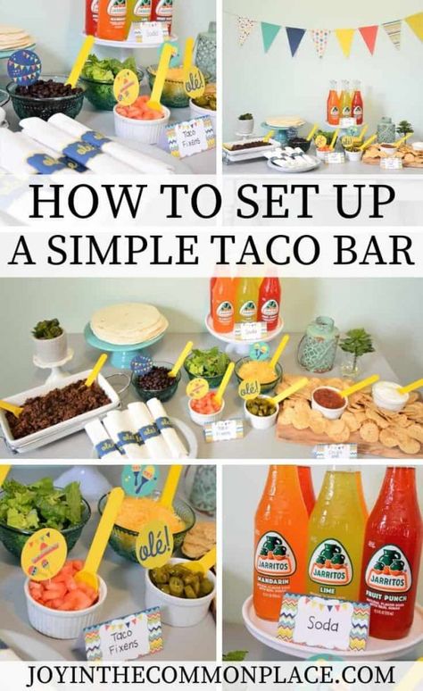 Are you looking for easy taco bar ideas? Get inspired and celebrate Taco Tuesday or Cinco de Mayo! Discover cute fiesta themed decorations and taco bar ingredient ideas! | Taco Station | Fiesta | Taco Bar Party | Party Ideas| #tacobar #tacostation #tacotuesday #cincodemayo Fiesta Theme Party Food Taco Bar, Taco Bar Themed Party, Taco About A New House Party, Thanksgiving Taco Party, First Birthday Taco Bar, Cute Taco Bar Ideas, Kids Taco Bar, Taco Tuesday Decor, Birthday Taco Bar Ideas