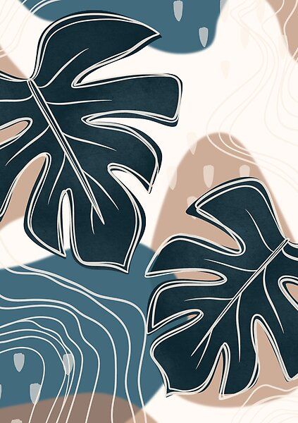 Cute and simple boho monstera design, in blue and brown color tones Boho Painting Wallpaper, Blue And Brown Wall Art, Boho Art Blue, Simple Boho Art, Blue Boho Painting, Pattern Painting Ideas On Canvas, Monstera Wallpaper Aesthetic, Boho Painting Blue, Simple Line Art Aesthetic