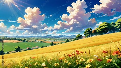 A soft breeze gently rustling through the sunny fields and clear anime style, countryside landscape Anime Field, Countryside Landscape, Photo Illustration, Anime Style, South America, Your Image, Sunnies, Stock Illustration, North America